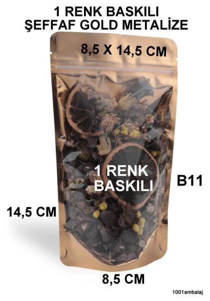 8,5X14,5 Cm 1 Baskılı Ön Şeffaf Arka Gold Metalize Renk Tek Taraf Tek Renk Doypack Torba 50 Gr /48/