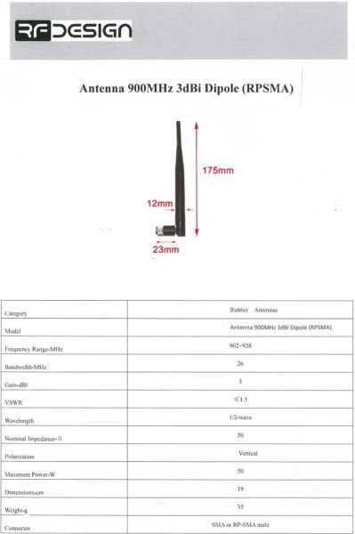 900MHz 3dBi Dipole Anten (RPSMA)