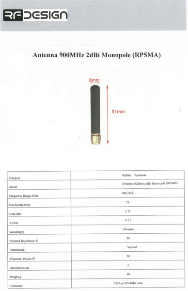 900MHz 2dBi Monopole ANTEN (RPSMA)