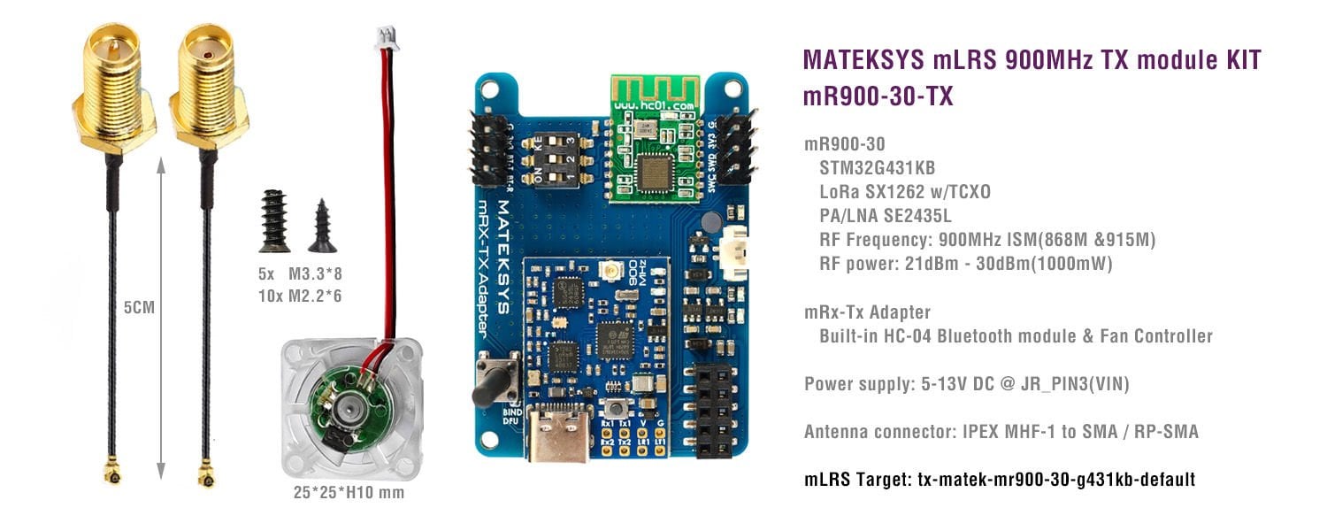 MATEKSYS mLRS MAVLink 900MHz TX Module Kit, mR900-30-TX