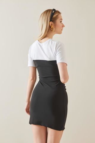 Siyah Beyaz Renk Geçişli Drapeli Mini Kadın Elbise