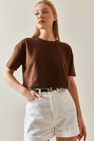 Bisiklet Yaka Pamuklu Oversize Crop T-Shirt