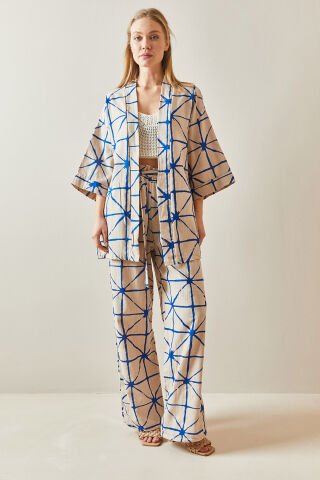Yeni Sezon Desenli Keten Bol Paçalı Kadın Takım Kimono