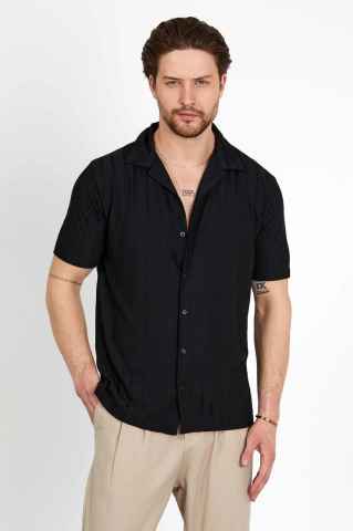 Slim Fit Şeritli Pamuklu Gömlek | Siyah
