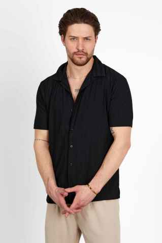 Slim Fit Şeritli Pamuklu Gömlek | Siyah