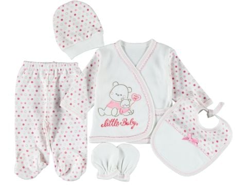 Pembe Renk Yavrulu Ayı Nakışlı 5'li Zıbın Seti 214668