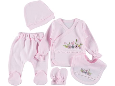 3 Ay Çiçek Nakışlı 5'li Zıbın Set Kız 418010