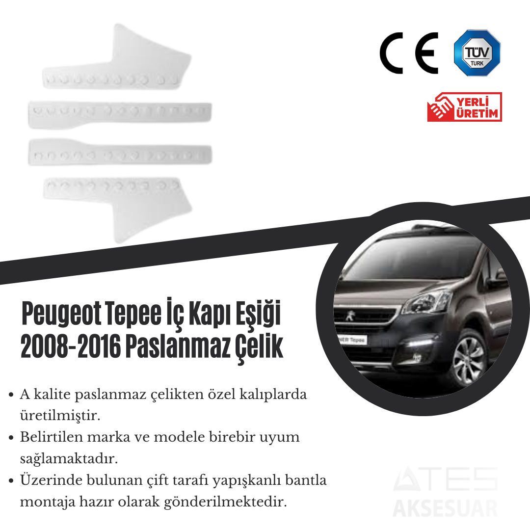 Peugeot Tepee 2008-2016 İç Kapı Eşiği Paslanmaz Çelik