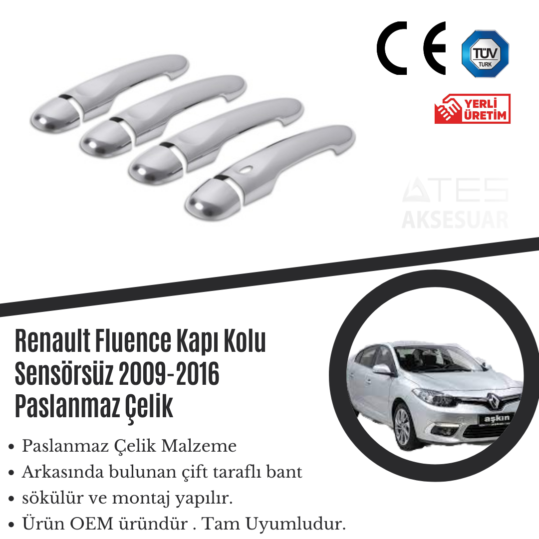Renault Fluence 2009-2016 Sensörsüz Kapı Kolu Paslanmaz Çelik