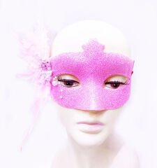 Sim İşlemeli İnci Boncuk Detaylı Tüylü Balo Maskesi Pembe Renk 13x18 cm