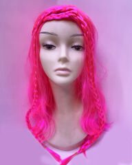 Neon Pembe Renk Örgülü Helen Karakter Peruğu Takma Saç