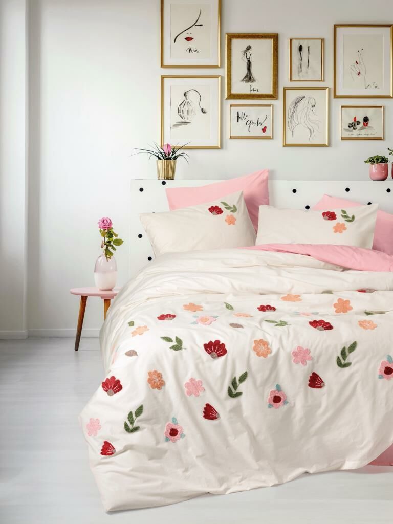 Cotton Box Puff Nakışlı Ranforce Çift Kişilik Nevresim Takımı Blossom Somon