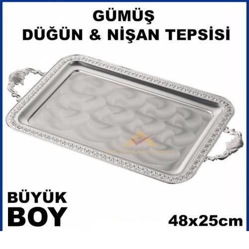 48x25cm Büyük Boy Kare Model Gümüş Nişan Tepsisi