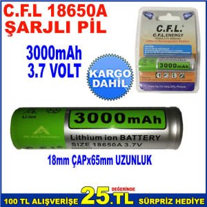 CFL 18650A ŞARJLI PİL 3.7VOLT 3000mAh ŞARJ EDİLEBİLİR LİTYUM PİL