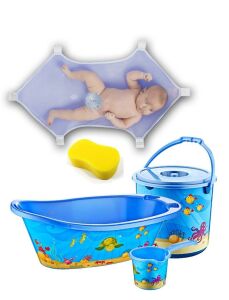 Mavi Okyanus Desen 7 Parça Bebek Yıkama Banyo Küvet Seti Kova Maşrapa Küvet Filesi Köpürtme Süngeri