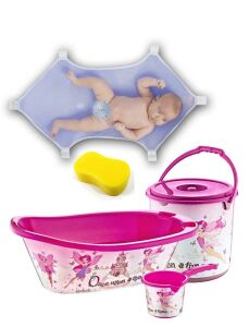 Pembe PeriKız Desen 7 Parça Bebek Yıkama Banyo Küvet Seti Kova Maşrapa Küvet Filesi Köpürtme Süngeri