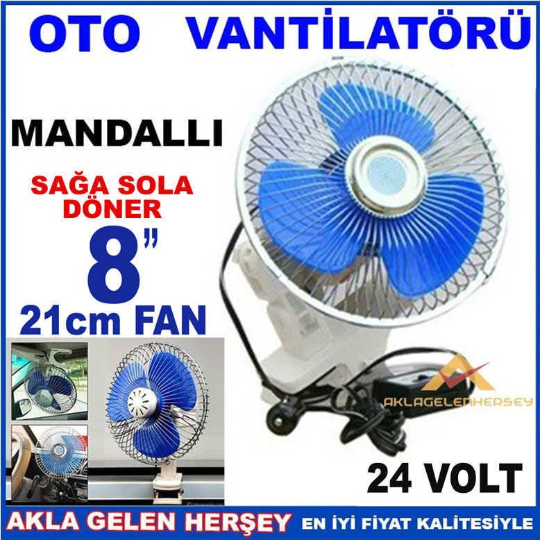 Mandallı Araç Vantilatörü 8'' 24v Kamyon,Tır.Otobüs,Traktör,İş Makinesıne Serinletici Döner Fan