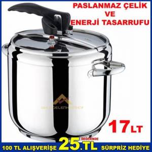 EN BÜYÜK BOY DÜDÜKLÜ TENCERE 17Litre ÇİFT GÜVENLİKLİ ENERJİ TASARRUFLU ÇELİK TABANLI DÜDÜKLÜ TENCERE