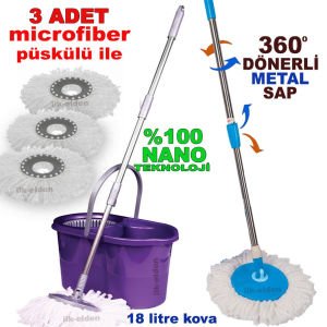 ŞOK KAMPANYA 3 adet microfiber mop püskülü ile dönerli mop set,metal saplı 360°dönerli temizlik seti