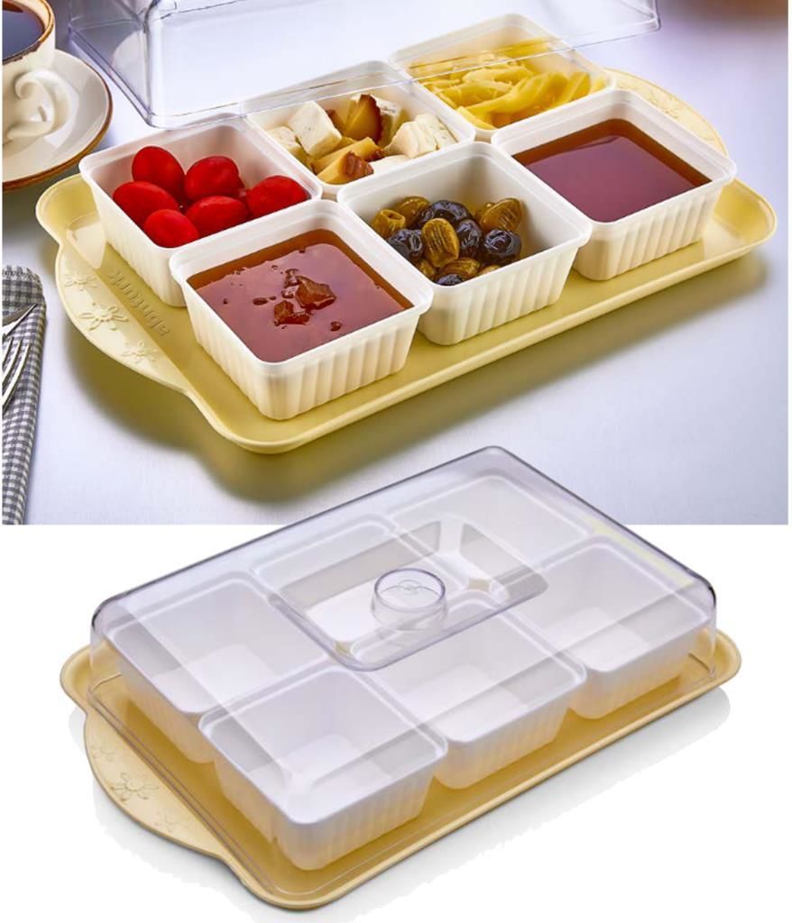 6 Kare Bölmeli 8 parça Kahvaltılık Seti Şeffaf Fanus Kapaklı & Tepsili Kırılmaz Ürün 70 Ülkeye İhrac