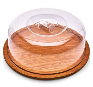 Ahşap Tablalı Şeffaf Akrilik Kapak Yuvarlak Kek Fanusu 29cm Büyük Boy Hava Almaz Lüx Pasta Sunumu