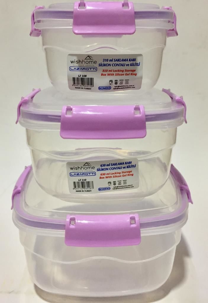 950mlx630mlx310ml 3'lü Silikon Contalı ve Kilitli Şefaf Mor Renkli Lüx Saklama Kabı