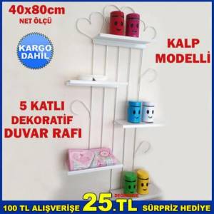 5 Katlı Dekoratif Metal Kalpli Model Duvar Rafı Bibloluk Kalın Telden 5 Kat Ferforje Duvar Bibloluğu