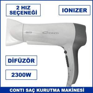 Contı Saç Kurutma Makinesi İyonizerli 2300w Difüzörlü 2 Kademeli Hız Seçeneği - 2 Yıl Garantili