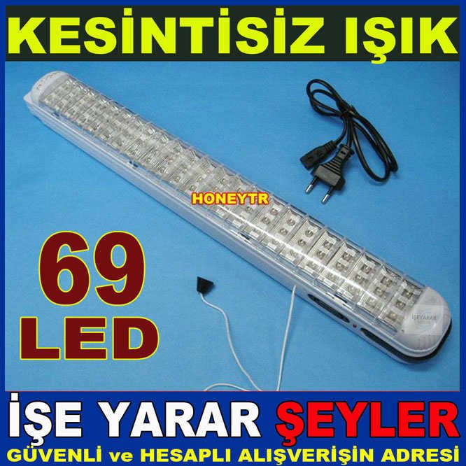 Elektrik kesildiğinde otomatik yanan 69 led uzun ışıldak ipten açma kapama kumandalı şarjlı ışıldak