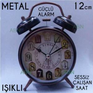 Antika Görünüm Metal Gövde Alarmlı Retro Saat 12cm Çapında Işıklı Nostaljik Metal Zilli Masa Saati