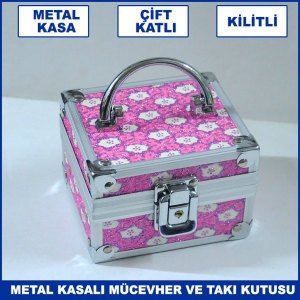 Metal Kasalı Kilitli Çift Katlı Mücevher ve Takı Kutusu - Metal Çanta Aksesuar Kutusu