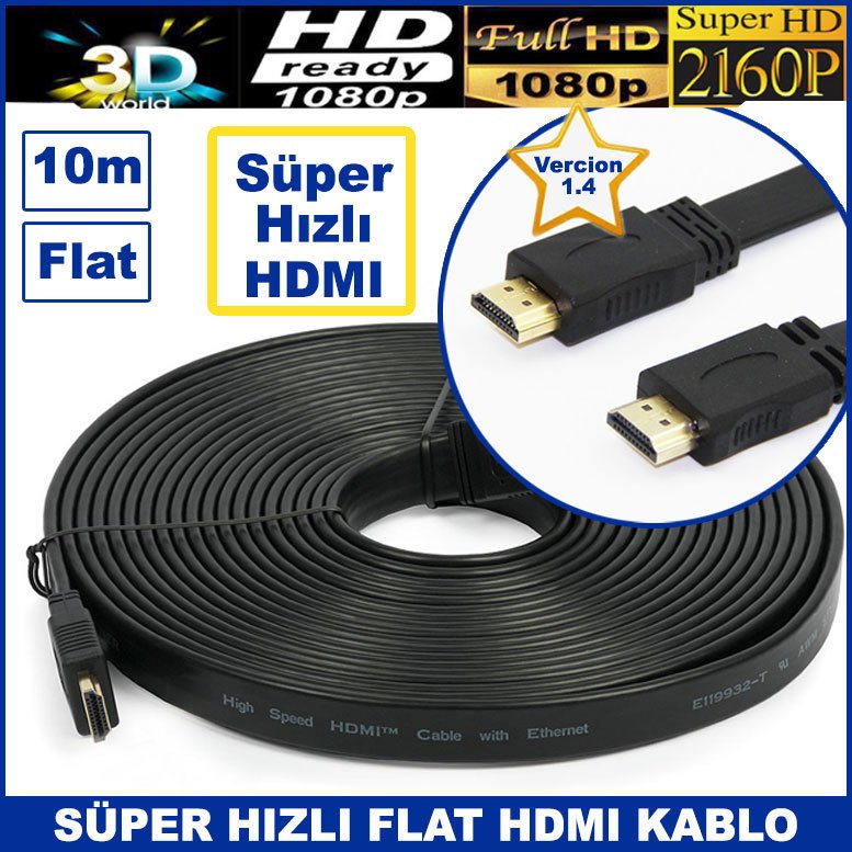 10m Süper Hızlı 3D Destekli Full HD Süper Hd 2160p 1.4 Vercion Flat HDMI Kablo-Görüntü ve Ses İçin