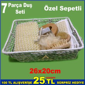 7 Parçadan Oluşan Duş Seti 26x20cm Ebatında Özel Sepetli Kese Seti Dekoratif ve Şık Sıpa Seti