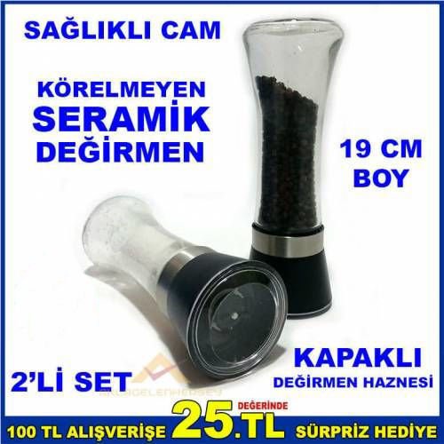 BÜYÜK BOY SAĞLIKLI CAM HAZNELİ KAPAKLI 19cm TUZ KARABİBER ÖĞÜTÜCÜ SERAMİK ÇARKLI PASLANMAZ DEĞİRMEN