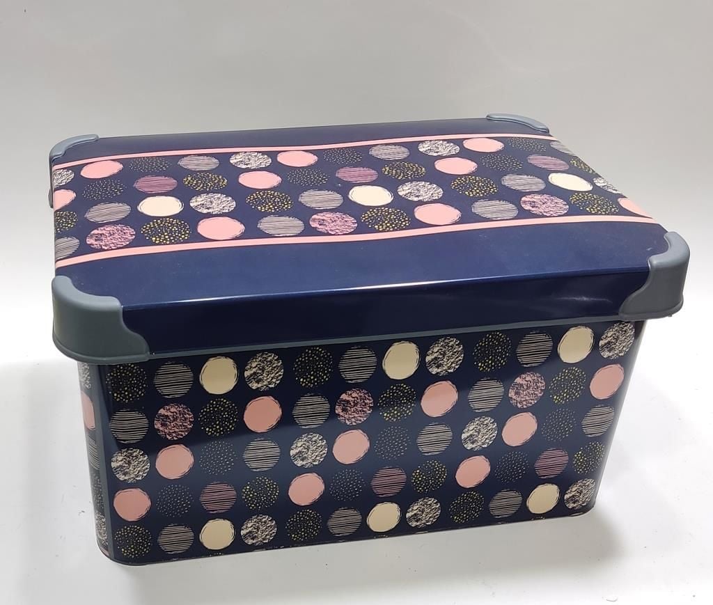 10 Litre Puantiye Desenli Kapaklı Dekoratif Kutu Plastik Saklama Kabı 35x23 h17cm Hediye için Süper