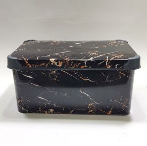 10 Lt Siyah Mermer Desenli Kapaklı Dekoratif Kutu Plastik Saklama Kabı 35x23 h17cm Hediye için Süper