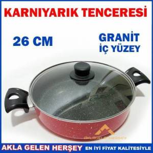 Granit Tencere Sağlıkdır-26cm Yapışmaz Çizilmez Granit İç Yüzey Cam Kapaklı Karnıyarık Tenceresi