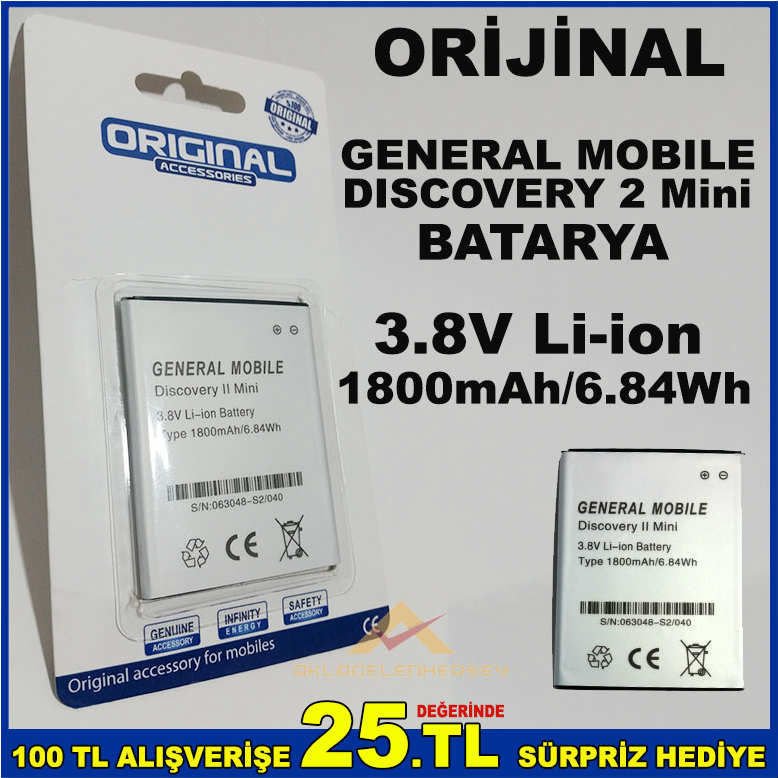 ORİJİNAL 3.8V 1800mAh GENERAL MOBILE DISCOVERY 2 MİNİ CEP TELFONU BATARYASI