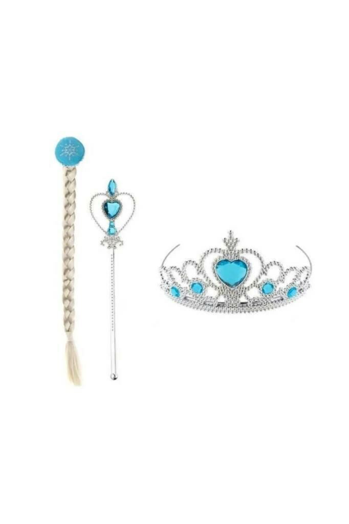 Frozen Model Örgü Saç Prenses Tacı Ve Asa Seti Elsa Tacı