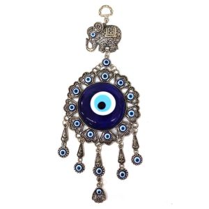 Dekoratif Nazar Boncuklu Metal İşlemeli Fil Figürlü Duvar Süsü 27.5 cm Yükseklik