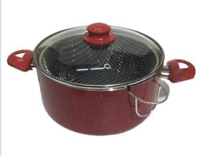 24cm Çap Özel Çentikli Cam Kapaklı Izgaralı Granit Cips Tenceresi 10cm Derin Yanmaz Yapışmaz Yüzey