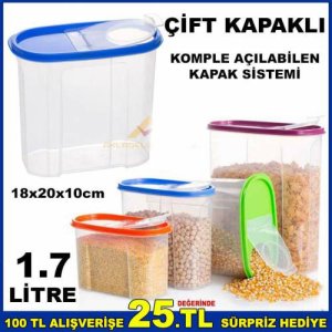 1.7litre Çift Kapaklı Kiler Saklama Erzak Kutusu