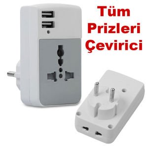 Türk-Amerikan-İngiliz Tüm Prizleri Çevirici Seyahat Adaptörü 2 Usb Girişli Universal Priz Çevirici