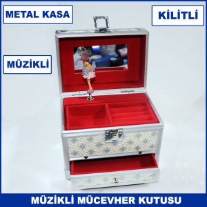 Metal Kasa Balerina Müzikli, Kilitli ve Çekmeceli 16 cm  Mücevher Kutusu