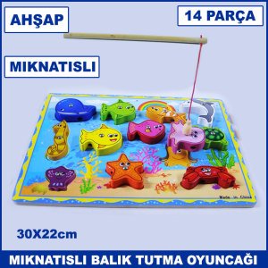 14 Parça Denizaltı Dünyası Mıknatıslı Ahşap Balık Tutma Yarışması 12 Balıklı Oyuncak