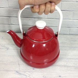 Üstten tutmalı emaye çaydanlık 2.5litre büyük boy içi beyaz dışı kırmızı nostaljik tek alt çaydanlık