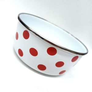 Endüksiyon Ocaklara Uygun Beyaz Üstüne Kırmızı Puantiye Desenli Savaşan Emaye 16 cm Çap