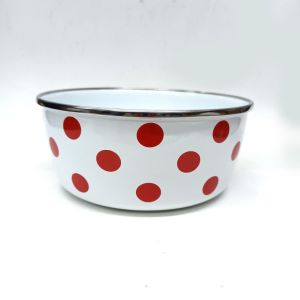 Endüksiyon Ocaklara Uygun Beyaz Üstüne Kırmızı Puantiye Desenli Savaşan Emaye 16 cm Çap