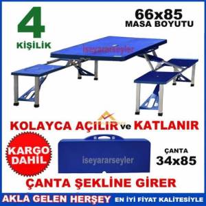 Mavi Renk Oturaklı 4 Kişilik Piknik Masası Çanta Şekline Giren Portatif Katlanır Piknik Masası