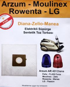 5 adet Arzum AR 431 Diana 3 Kat Elyaf Elektrikli Süpürge Torbası AntiAlerjik Hijyen Sentetik Torba